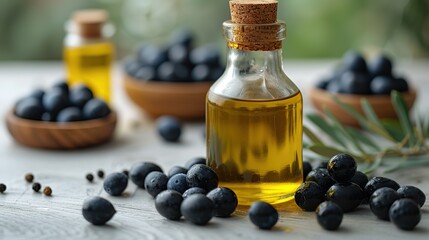Olive oil in a small bottle with fresh olives on a grey background