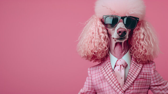 Pink poodle, dressed in an elegant suit with a nice tie, wearing sunglasses. Fashion portrait. Copy space for text or logo. Banner concept 