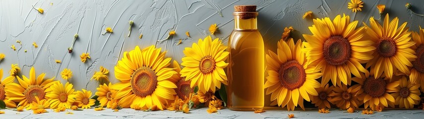 Bottle of sunflower oil and sunflowers on light background, banner