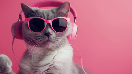 Naklejka premium Close up portrait of cat in sunglasses and headphones on pink background. Banner concept, copy space for text, ad, logo.