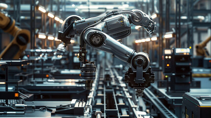 Robotic Arm in Action on Factory Assembly Line