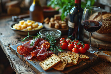 Full board with prosciutto, cured meat, glass of wine and tomatoes and plate of cheese on rustic table