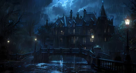 Tuinposter A dark gothic mansion with ghostly lights and eerie shadows © ginstudio