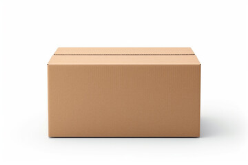 Single empty cardboard box with blank label, on a solid white background, lid flipped open to the side, - obrazy, fototapety, plakaty