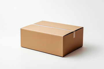 Single empty cardboard box with blank label, on a solid white background, box positioned at an angle to show three sides,