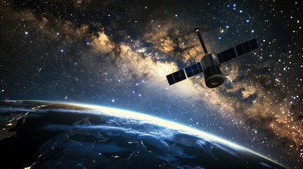 Satellite Orbiting Earth in Deep Space - obrazy, fototapety, plakaty