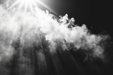 White smoke or cloud with light rays or sunbeams on black background - obrazy, fototapety, plakaty