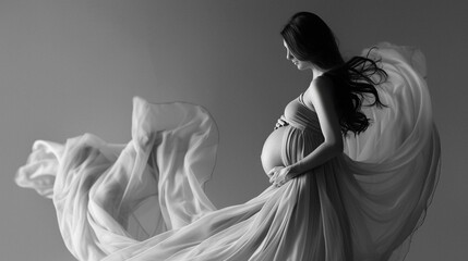 Fototapeta na wymiar black and white portrait of pregnant elegant in dress studio isolate banner place for text