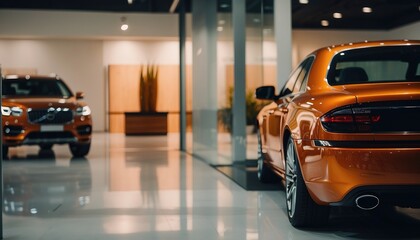 orange sports car in showroom 

 - obrazy, fototapety, plakaty
