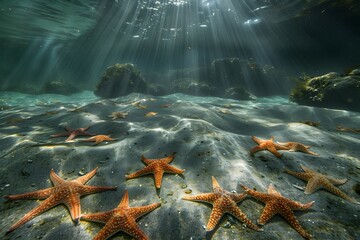 Starfish adorning the enchanting ocean floor in a serene underwater landscape with vibrant sunlight rays - obrazy, fototapety, plakaty