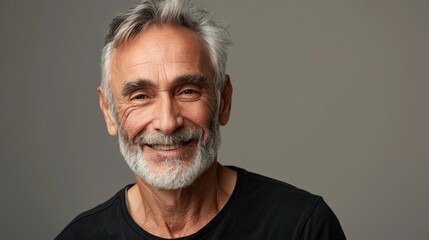 Portrait of happy senior man smiling at home. Old man relaxing Portrait of elderly man enjoying retirement. isolated on gray background, with copy space. black shirt