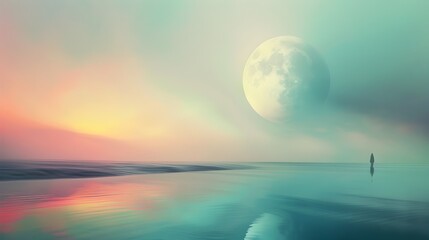 Fototapeta na wymiar Surreal Moonlit Seascape at Dusk with Silhouetted Horizon and Serene Reflections on Calm Waters