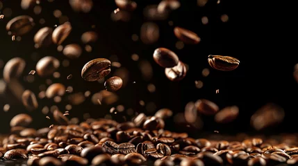 Foto op Plexiglas Photo of falling coffee beans on black background. Cinematic style © CozyDigital