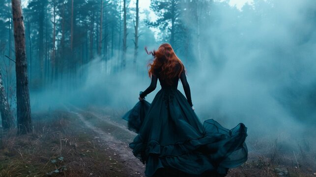 black widow long dark silk fly fabric dress, scary horror woman red hair runs mystery forest turned away black lady night walk gothic blue fog nature tree