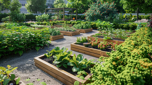 Serene Community Garden with Raised Beds and Greenery