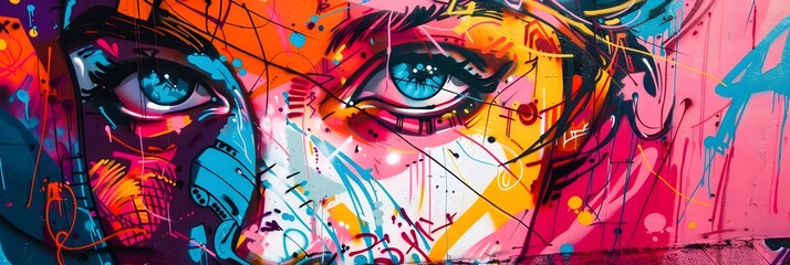 Vibrant and Expressive Graffiti-Inspired Mural with Surreal Facial Elements for Bold,Dynamic Background or Banner Usage