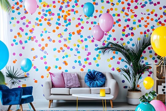 Vibrant Celebratory Party Decor with Balloons and Confetti in Cozy Modern Living Room