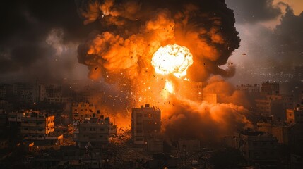 War Zone - Modern war in urban area, ruined buildings, explosions, smoke and fire  - obrazy, fototapety, plakaty