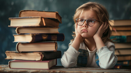 A boy with glasses, a schoolboy sitting at a table, there are many books nearby for studying, A...