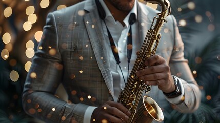 Jazz musician plays saxophone on a concert stage - obrazy, fototapety, plakaty