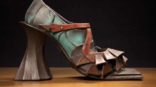 A shoe with a green and red design on it. The shoe is made of metal and has a unique, artistic look