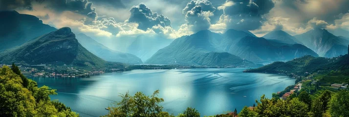Papier Peint photo Vert bleu A tranquil lake near a stunning mountain landscape