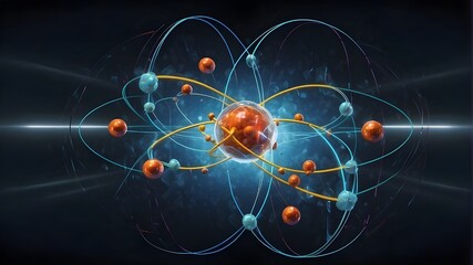 dark backdrop, irradiation science, electrons, neutrons, protons, and neon in the bautiful depiction of the inner beauty of an atom, featuring overlapping rings and luminous orbs in space.