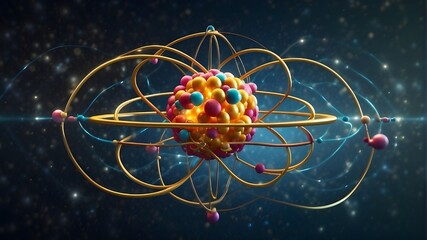 The compact, dense region at an atom's center made up of protons and neutrons is known as the atomic nucleus.Beautiful depiction of the inner beauty of an atom, featuring overlapping rings and luminou