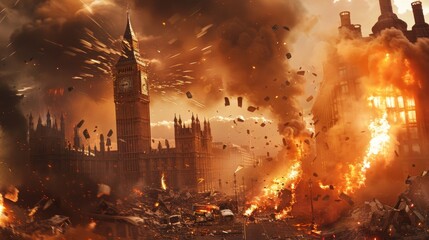 Fictional illustration of London under attack - Big Ben in fire, flames and smoke - obrazy, fototapety, plakaty