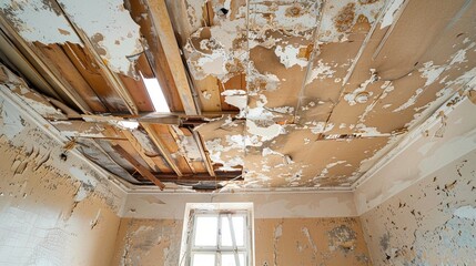 Destroyed ceiling in the room