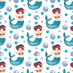 Children's pattern of a sea mermaid and air bubbles around, seamless watercolor pattern bleached on a white background