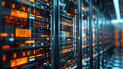 A futuristic data center with rows of servers processing financial data, symbolizing the infrastructure supporting multinational financial technology operations.