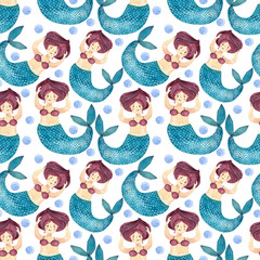 Children's pattern of a sea mermaid and air bubbles around, seamless watercolor pattern bleached on a white background