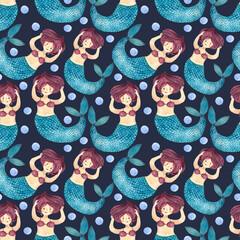 Children's pattern of a sea mermaid and air bubbles around, seamless watercolor pattern is bleached on a dark,gray background