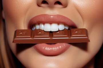 Close up of beautiful woman mouth with chocolate bar. Beautiful female teeth