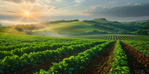 Vibrant sunset over lush farmland with rolling hills. Farming at golden hour and rural beauty concept for design and print - obrazy, fototapety, plakaty