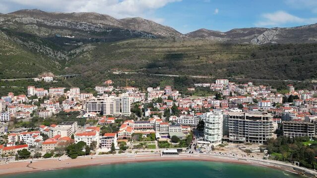 Petrovac, Montenegro, flying over the city, Aerial view