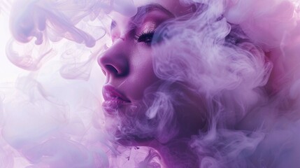 Double exposure woman and a cloud of light purple smoke smoke