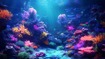 A vibrant coral reef teeming with bioluminescent life forms, all rendered with digital brushstrokes of code.