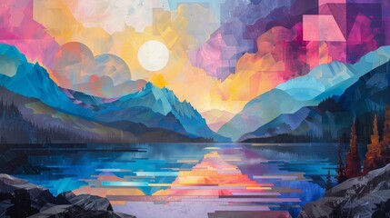 A classic oil painting of a majestic landscape, but with vibrant neon geometric shapes - obrazy, fototapety, plakaty