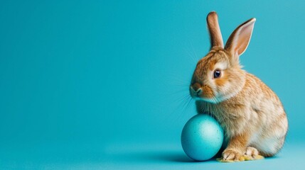 Fototapeta na wymiar Easter bunny rabbit with blue painted egg on blue background