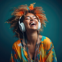 A woman with curly hair is wearing headphones and smiling - 766530427