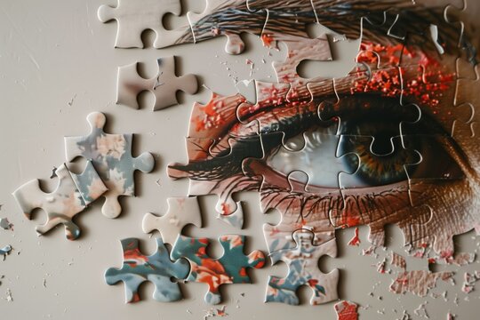 Human eye, partially composed of puzzle pieces, concept of vision restoration and laser eye correction surgery. Idea of assembling visual clarity through medical intervention.