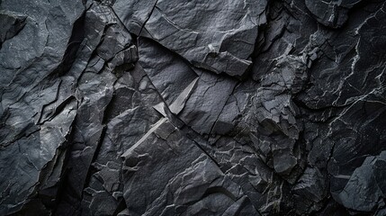 Dark Aged Shabby Cliff Face And Divided By Huge Cracks And Layers. Coarse, Rough Gray Stone Or Rock Texture Of Mountains, Background And Copy Space For Text On Theme Geology And Mountaineering. - obrazy, fototapety, plakaty