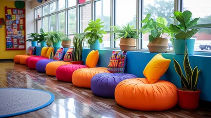 Bright and cheerful classroom interior with a row of colorful beanbags by the window, creating an inviting learning space