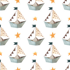The children's pattern is paper boats and stars.The watercolor seamless pattern is suitable for posters and postcards and wallpapers.