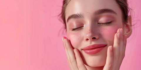 portrait of a beautiful girl with light makeup, closed eyes, the concept of self-care and cosmetology, clean skin and natural beauty, pink background, place for text