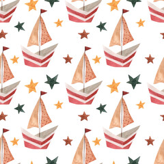 The children's pattern is paper boats and stars.The watercolor seamless pattern is suitable for posters and postcards and wallpapers.