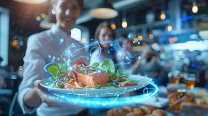 Waitress serving futuristic digital meal in a modern restaurant. Enhanced dining experience with virtual reality elements. Innovative food presentation. AI