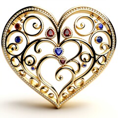 Heart made of openwork gold with precious stones on a white background - obrazy, fototapety, plakaty